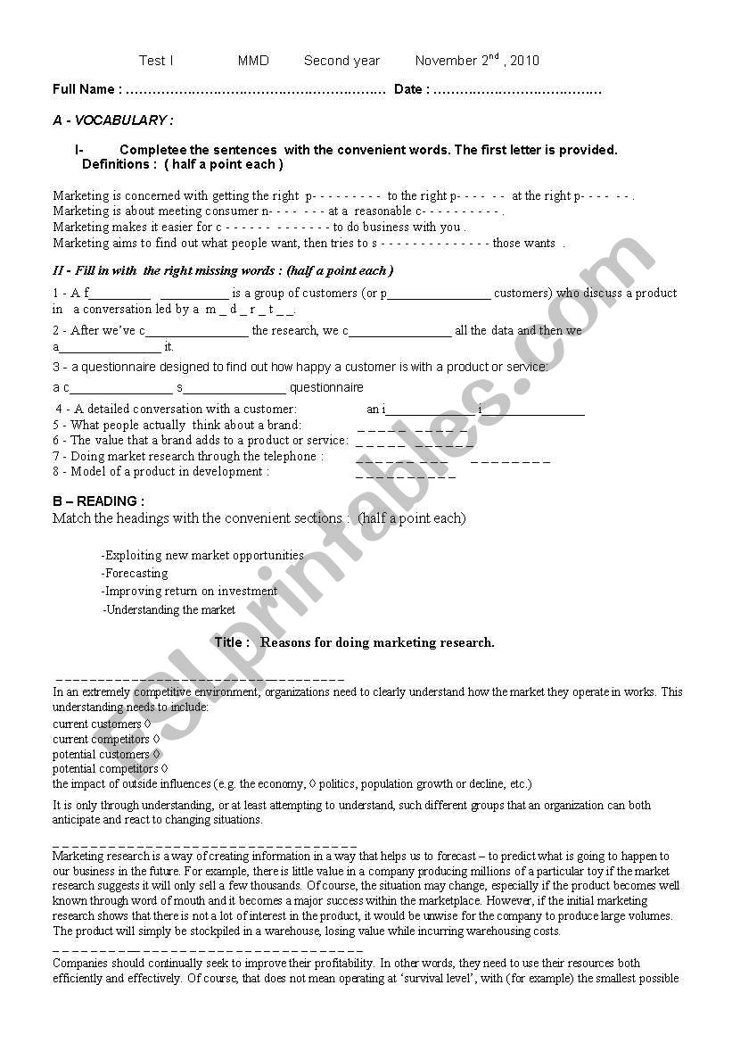 English for marketing worksheet