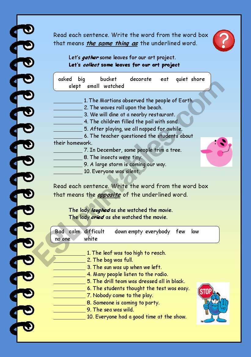 Synonyms  - Opposites worksheet