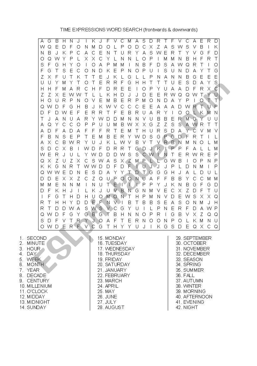 Time Expressions Word Search worksheet