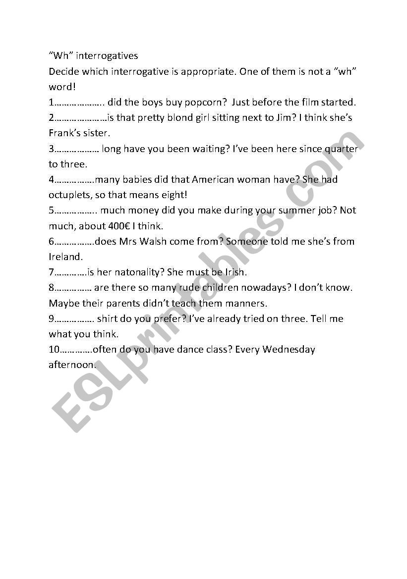 Using interrogatives worksheet