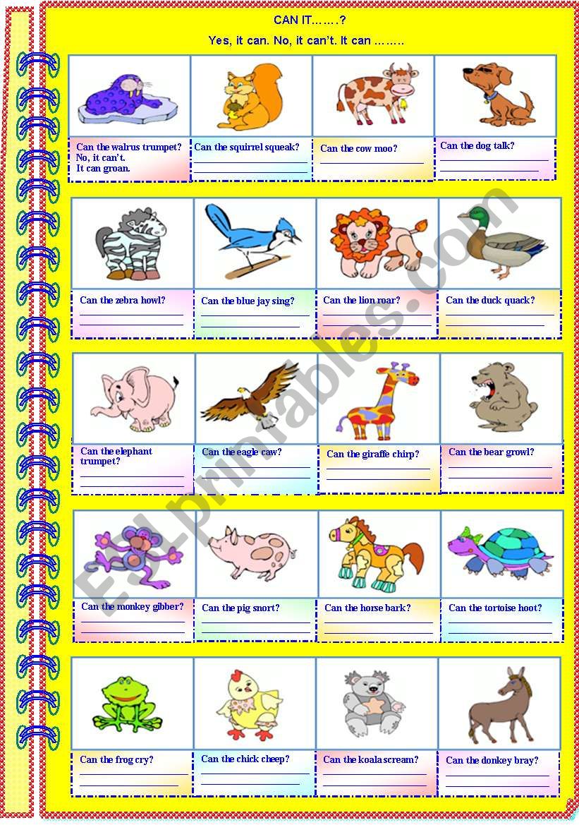 Animal sounds - Can it ..? Yes it can. No, it canÂ´t. It can.......(with B/W and answer key)**editable 