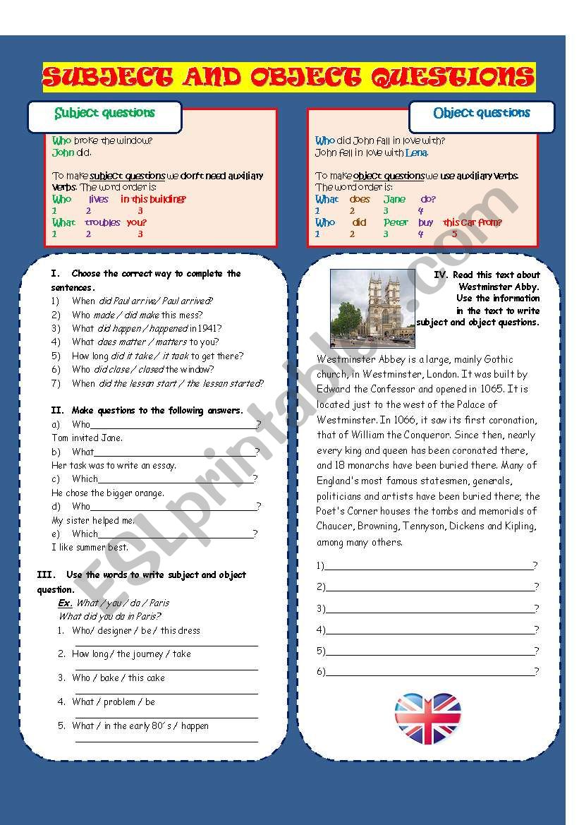Subject and Object questions worksheet