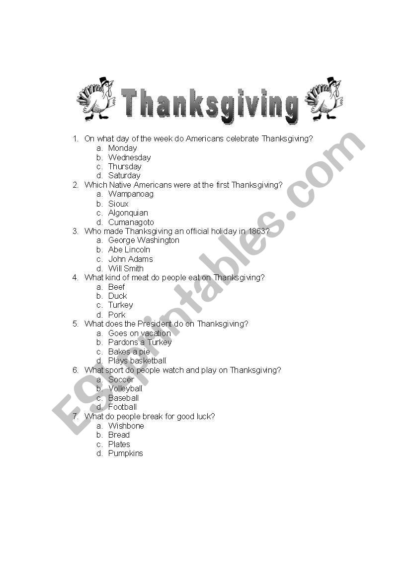 thanksgiving quiz worksheet