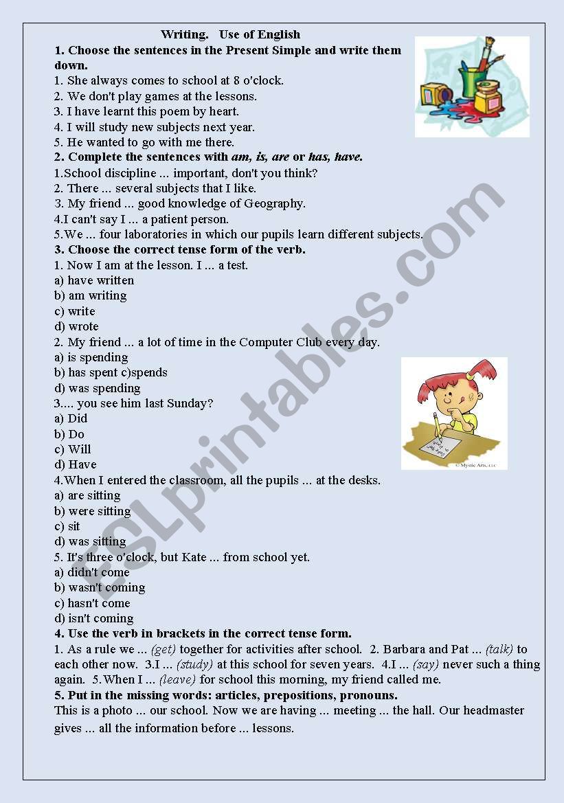 test use of English worksheet