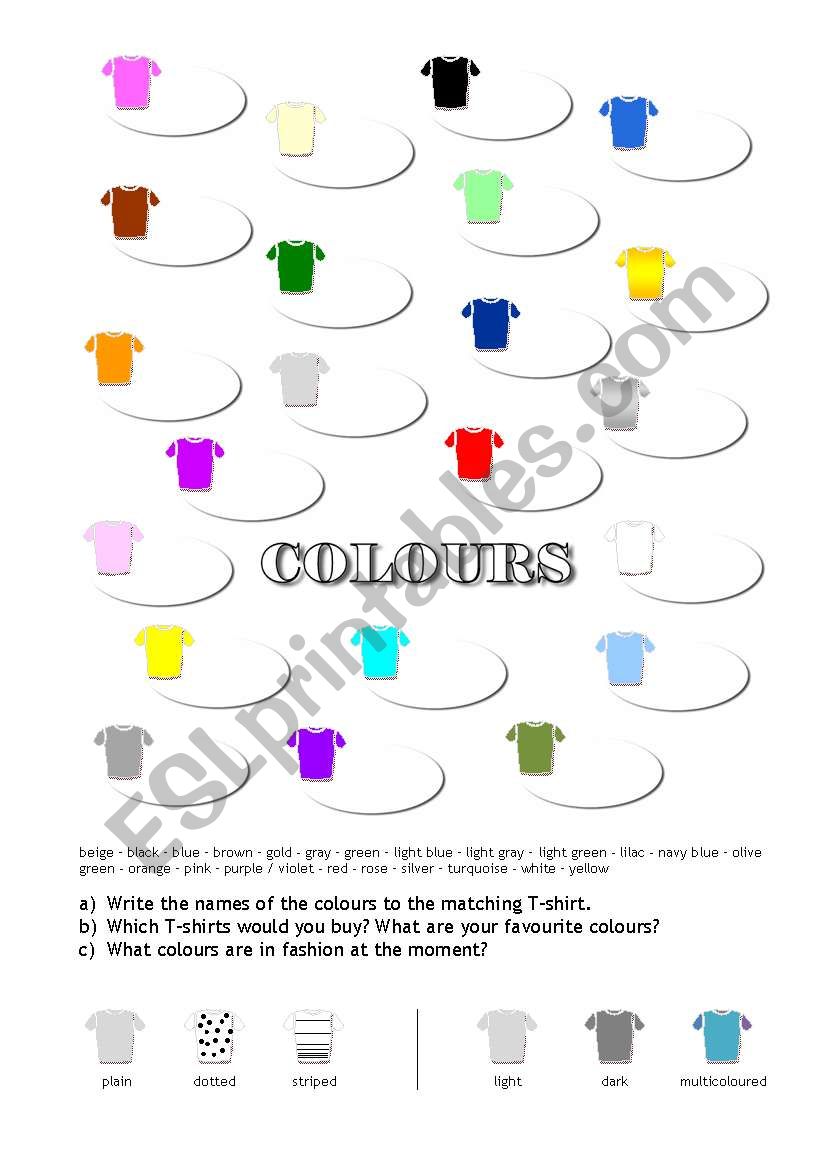 Colours of T-shirts worksheet