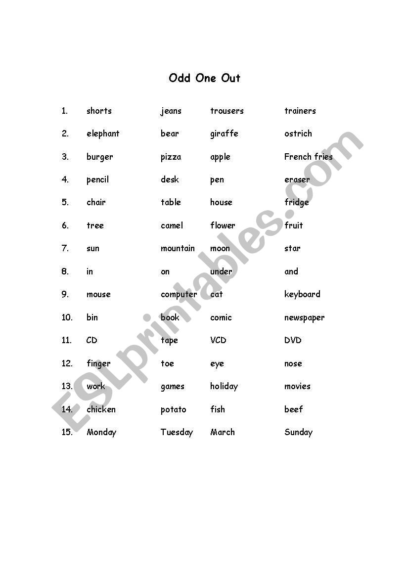 Odd One Out worksheet