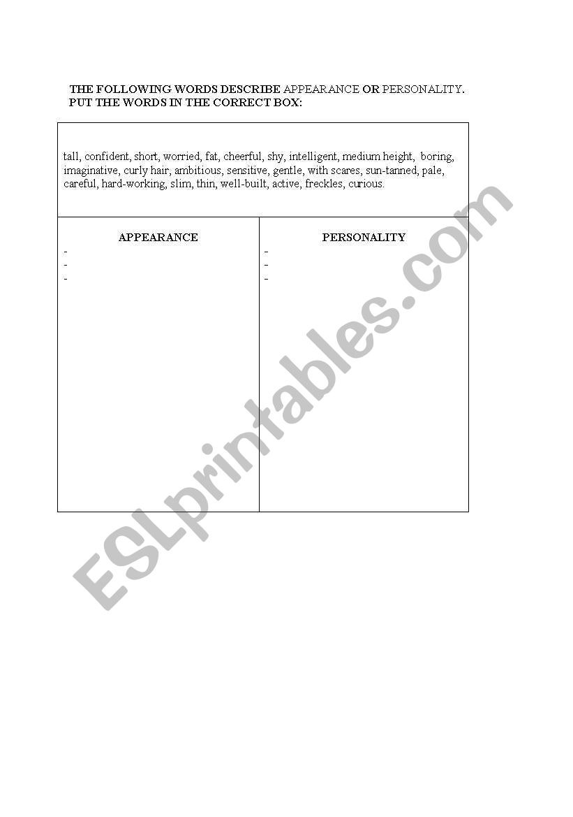 Describing People worksheet