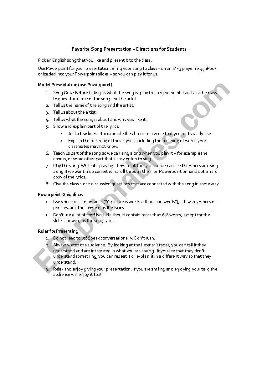 Favorite Song Presentations worksheet