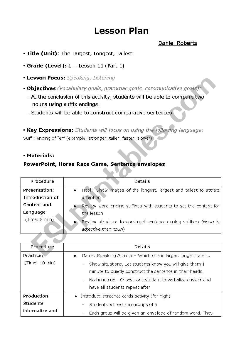 Tallest, Longest, Largest worksheet