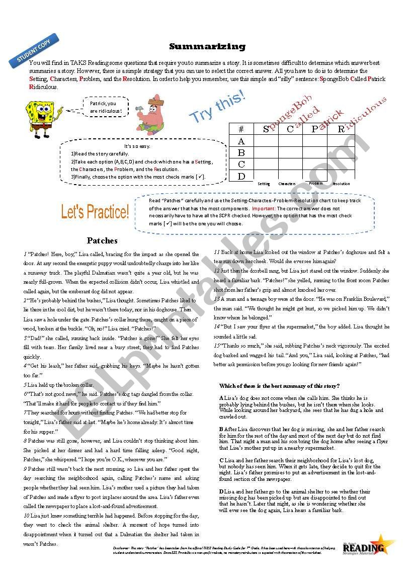 Summarizing with SpongeBob worksheet