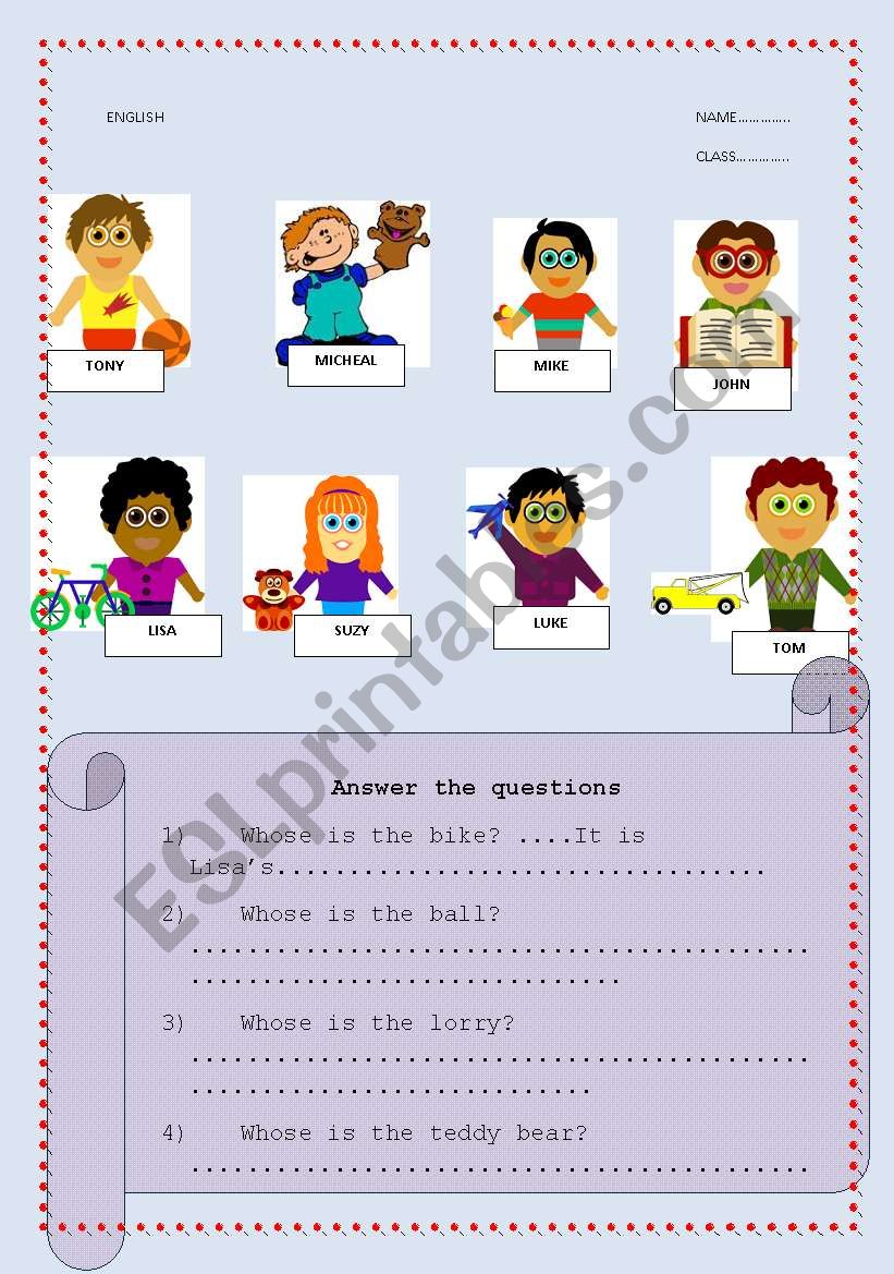 possessive adjectives and toys