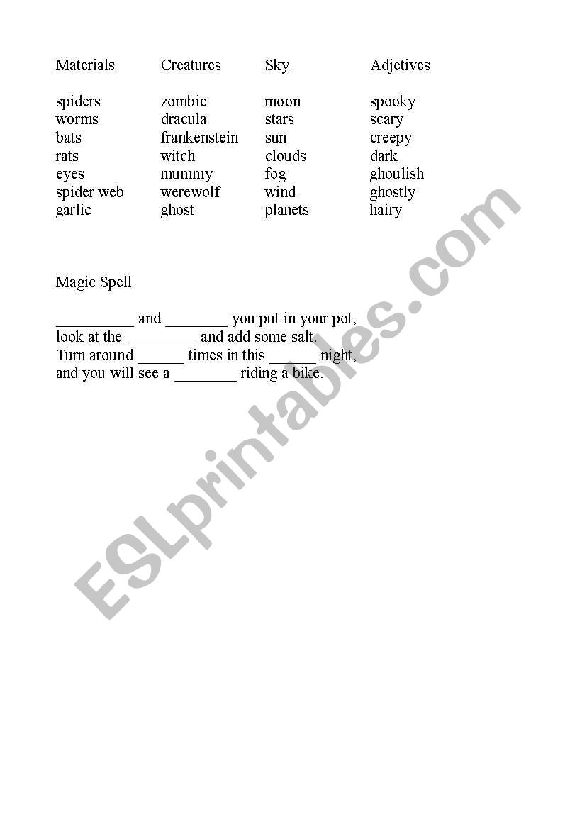 Halloween Magic Spell worksheet