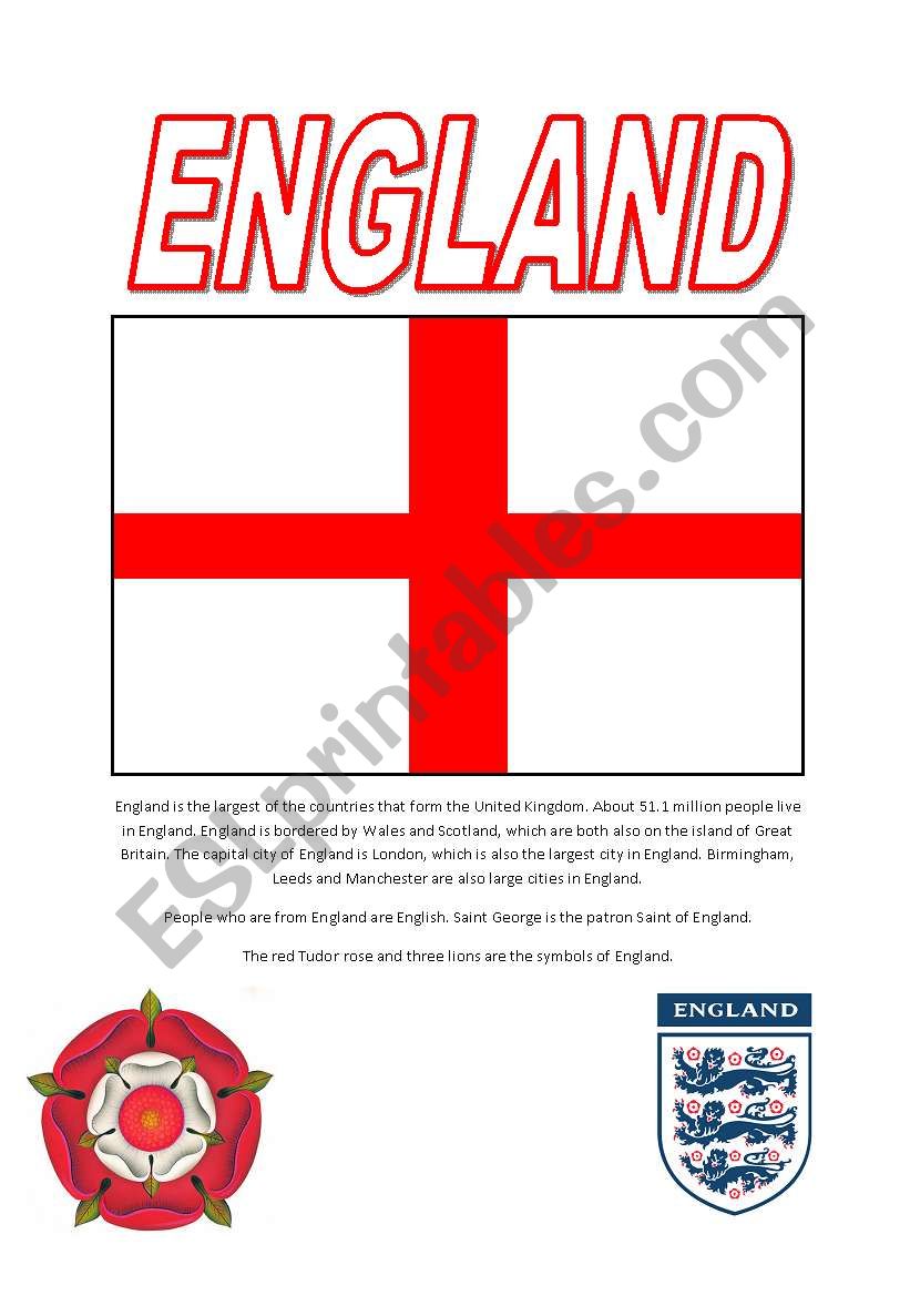 England Info sheet with comprehension questions
