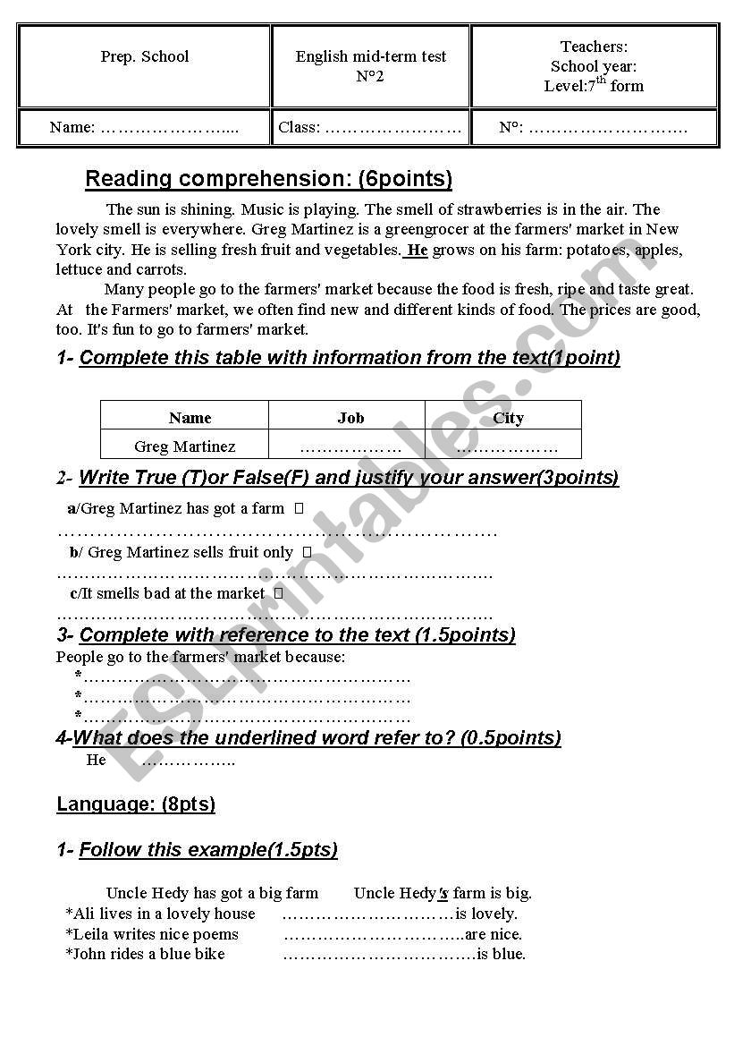 english test 7th form  worksheet