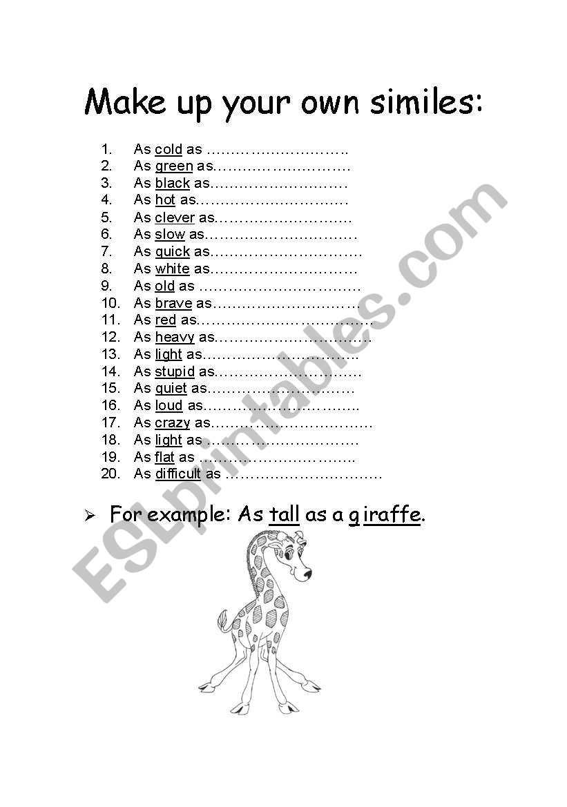 Make your own similes worksheet