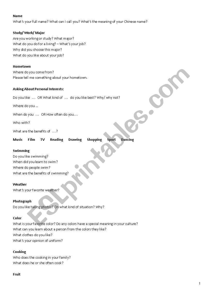 IELTS speaking question worksheet