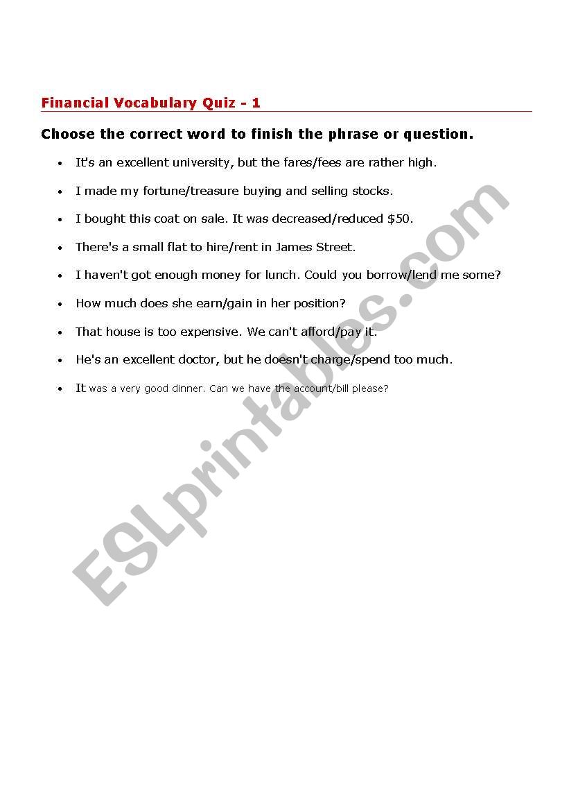 Financial Vocabulary Quiz 1 worksheet