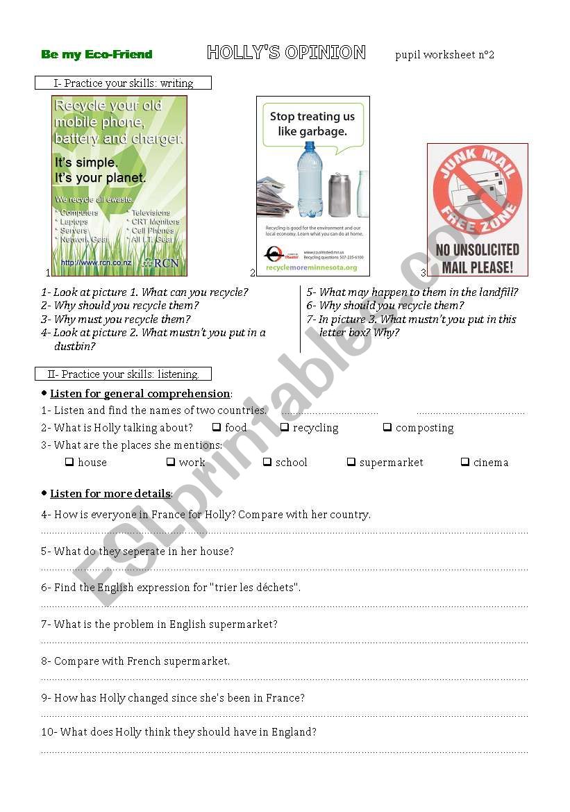 The second step of a lesson plan on recycling (worksheet)