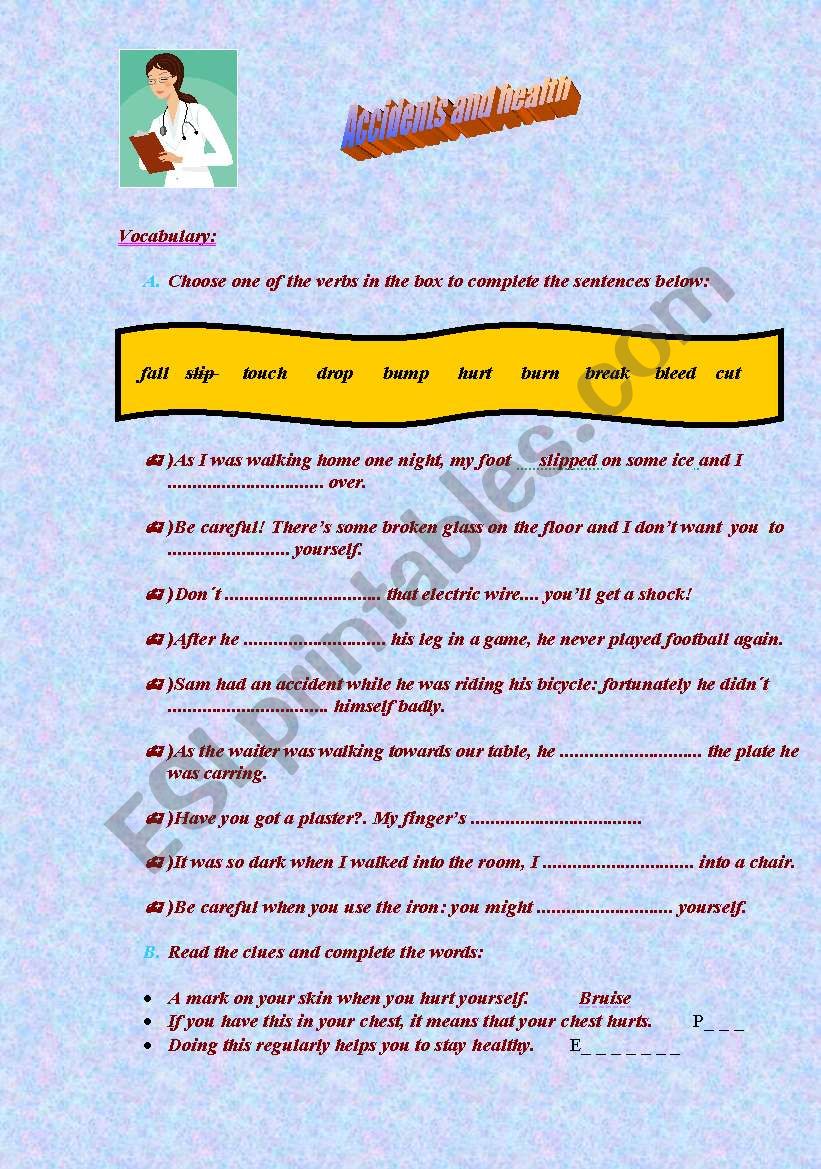 Accidents and health worksheet