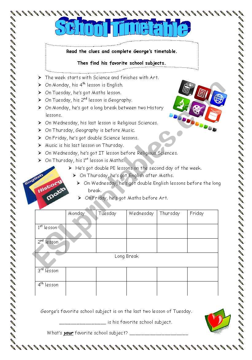 School subjects worksheet