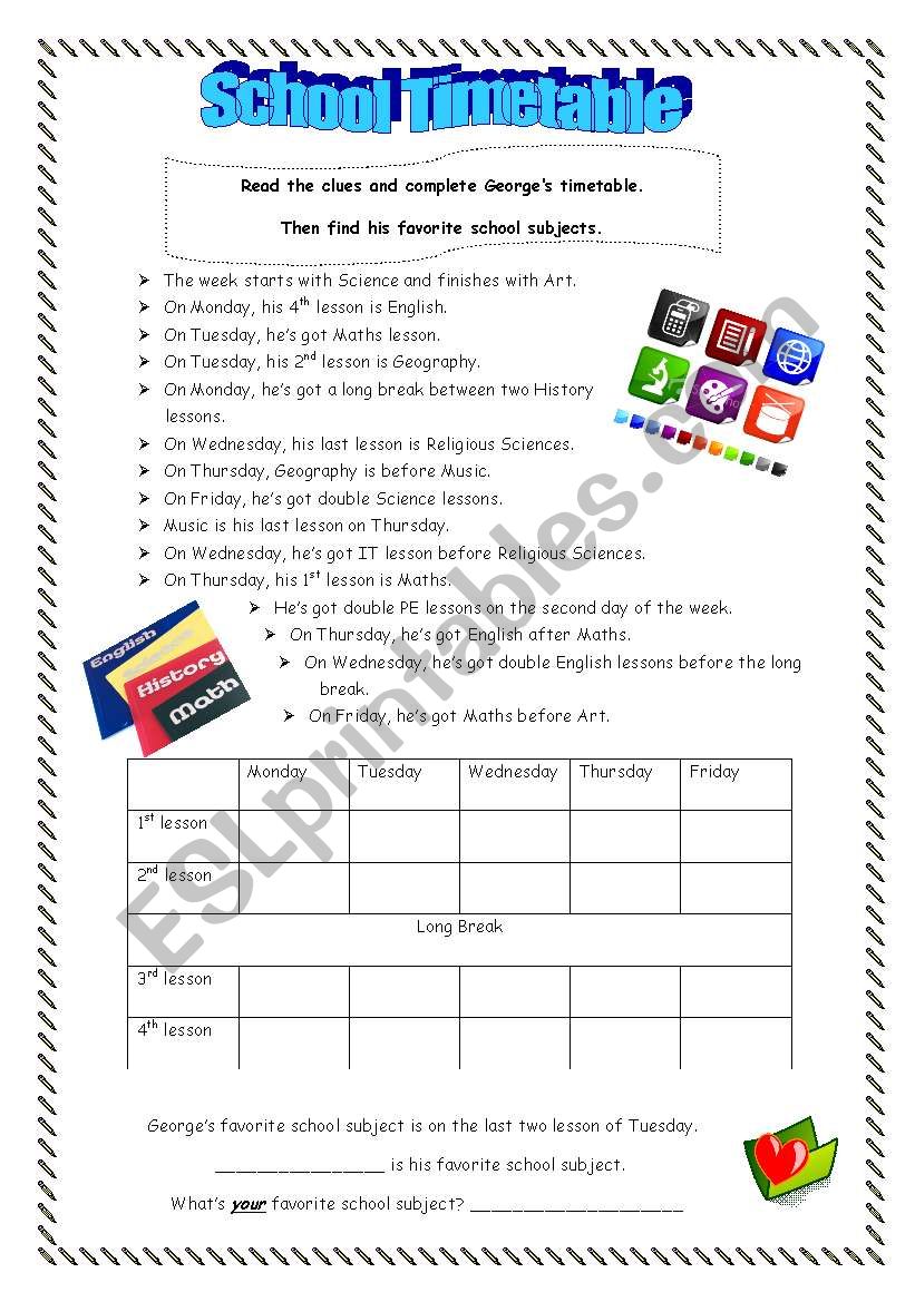 School subjects worksheet