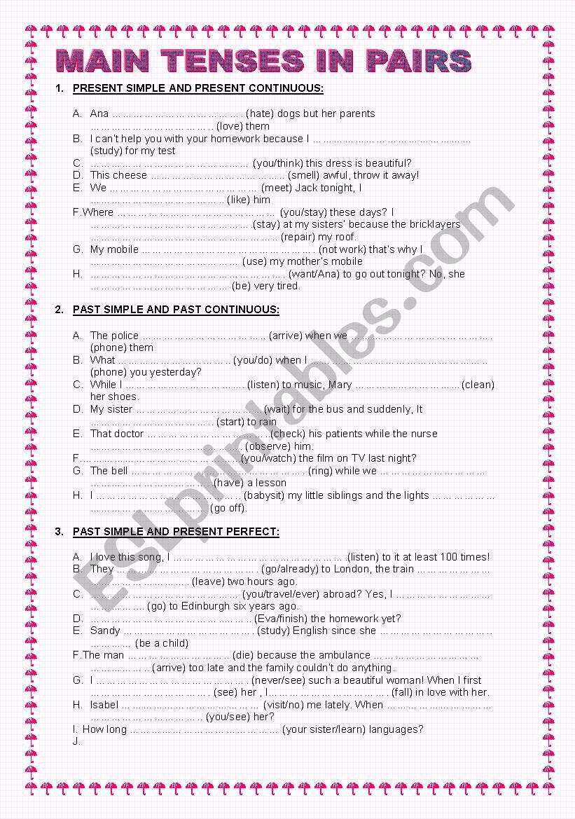 main tenses in pairs worksheet