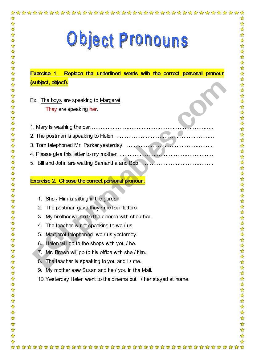 Object pronous worksheet