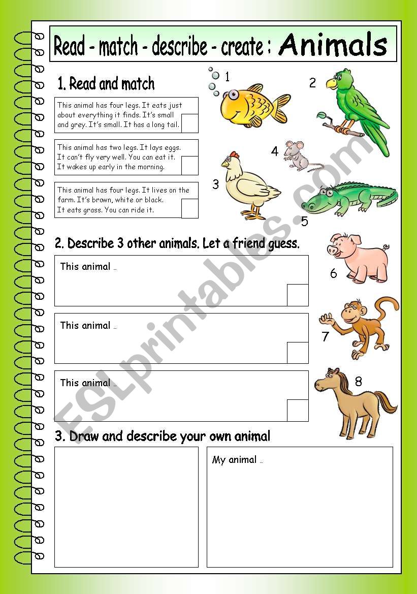 Read - Match - Describe - Create: ANIMALS (3) - ESL worksheet by PhilipR