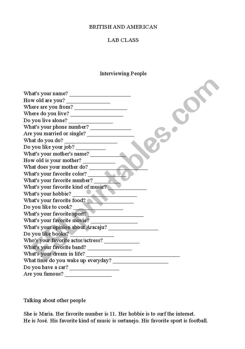 Interviewing People worksheet