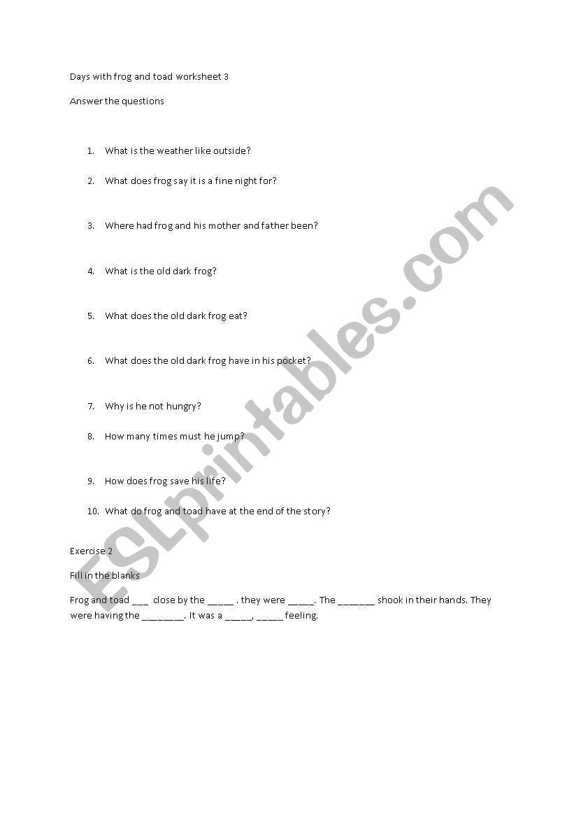 days with frog and toad 3 worksheet