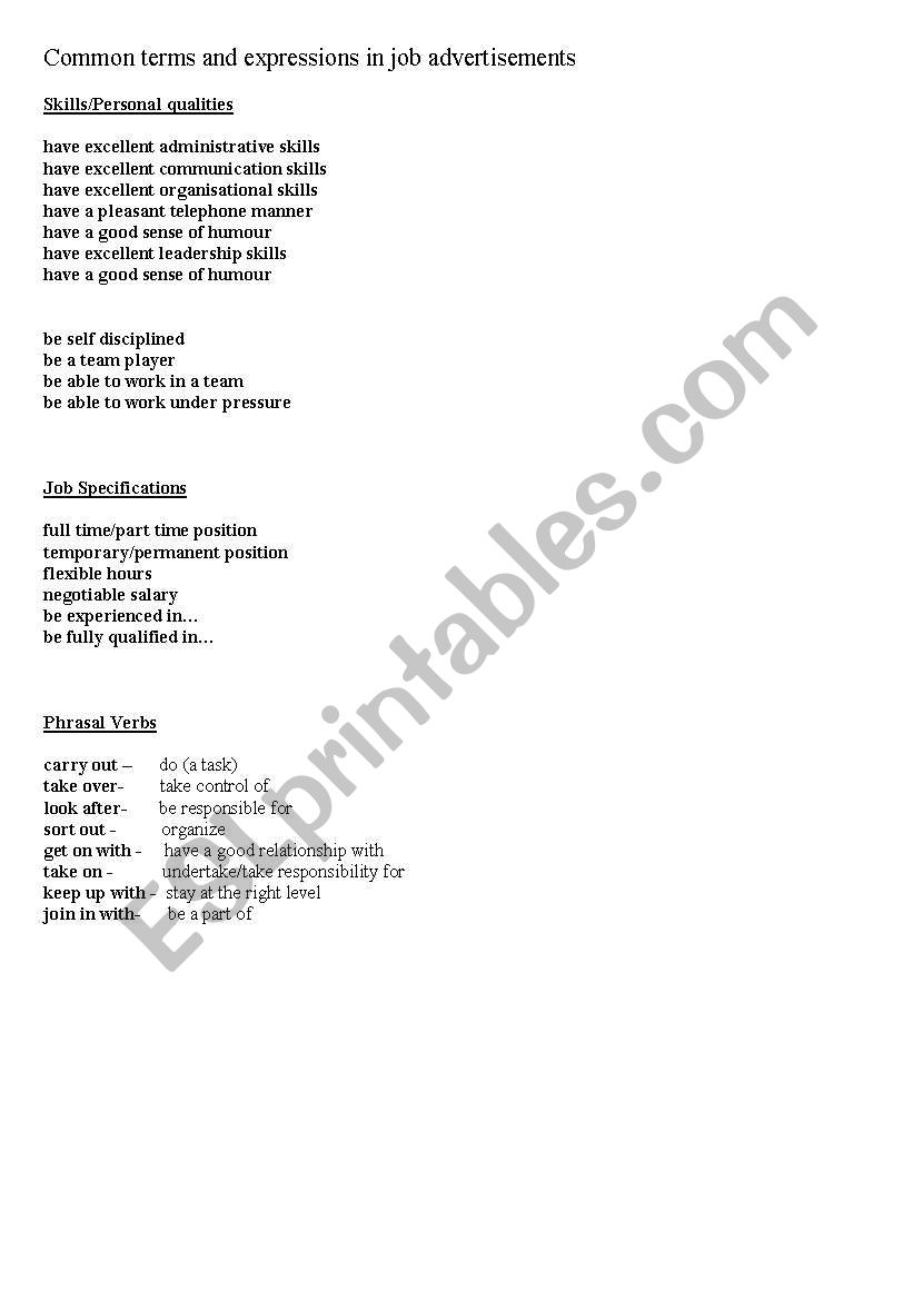 Common expressions in job ads worksheet