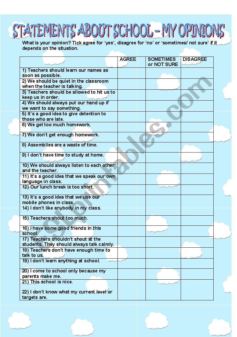 My opinions on school - Questionnaire, agreeing, disagreeing