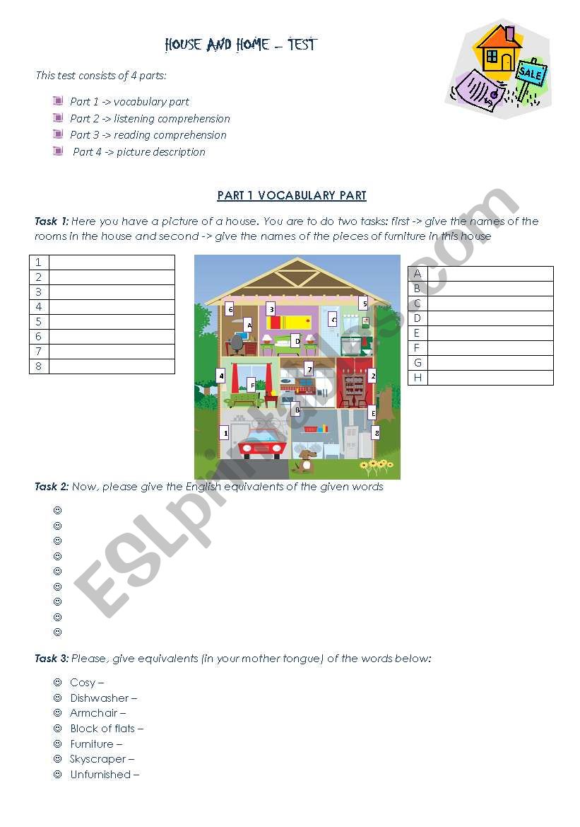 House and Home - test worksheet