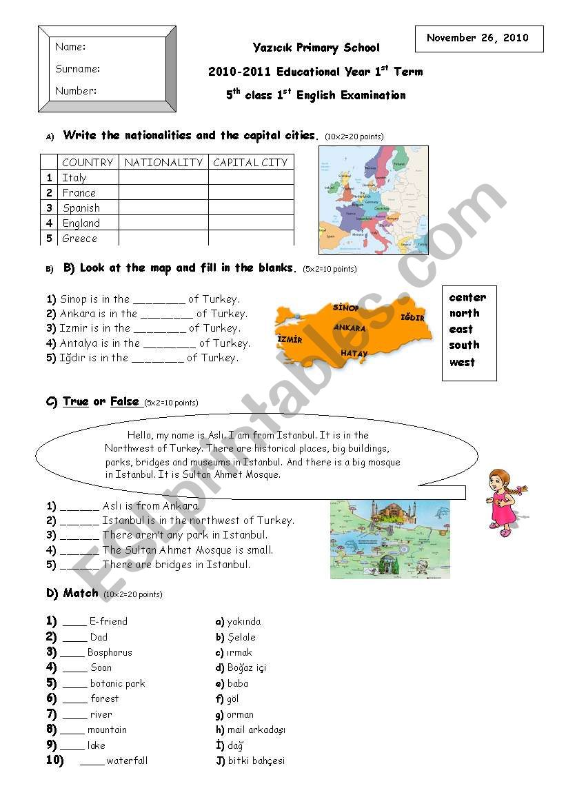 5th class, first term, first written exam, page 1