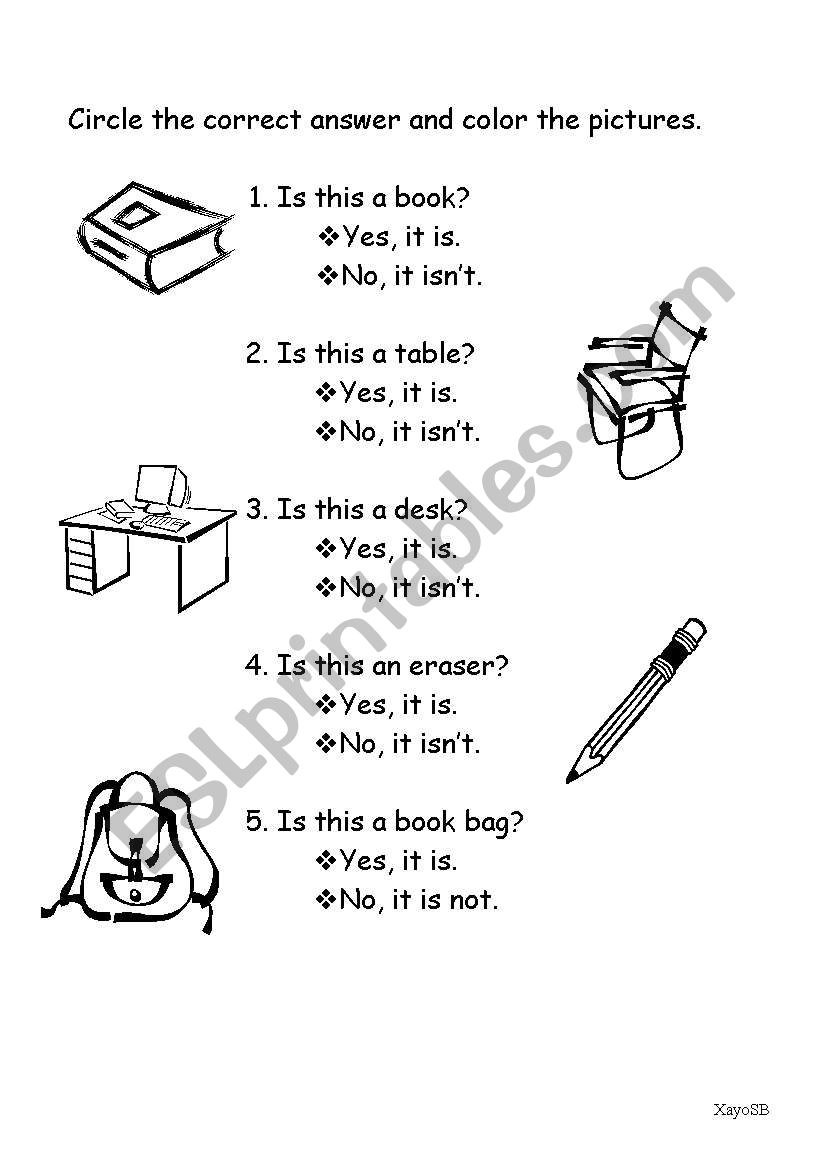 Classroom objects worksheet