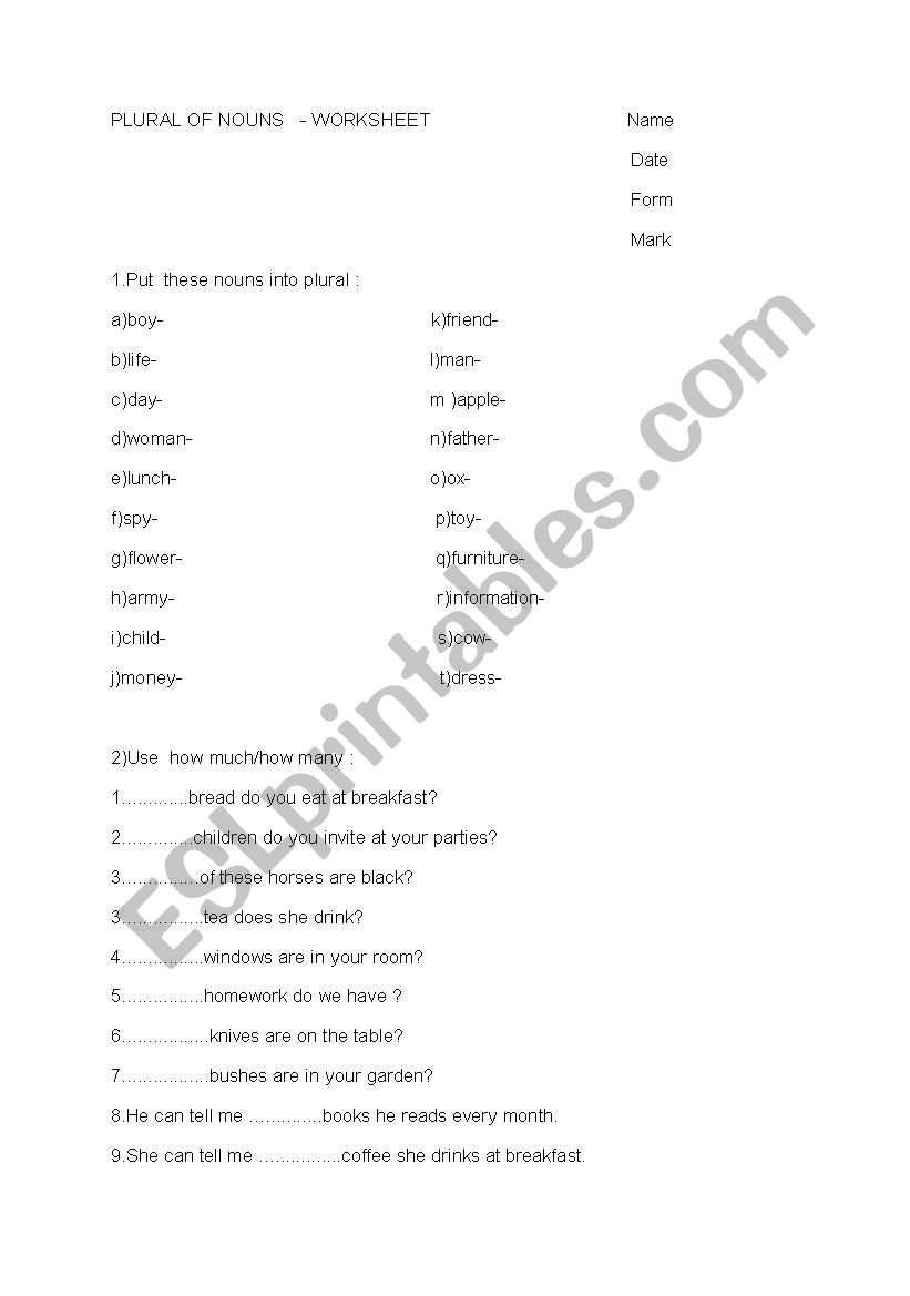 Plural of nouns worksheet