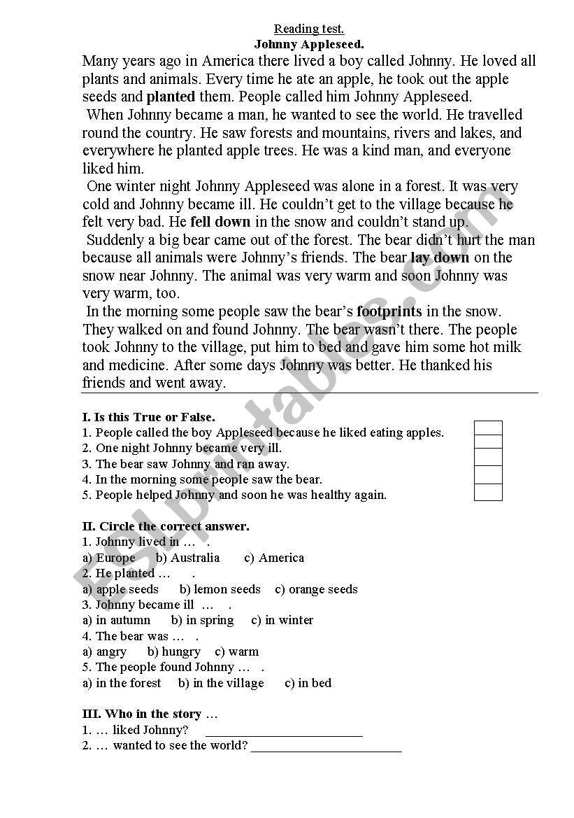 reading test worksheet