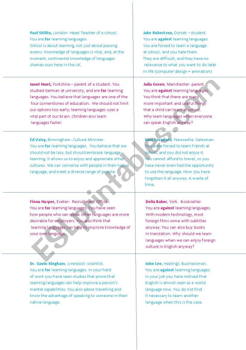 Languages Debate- roles for students