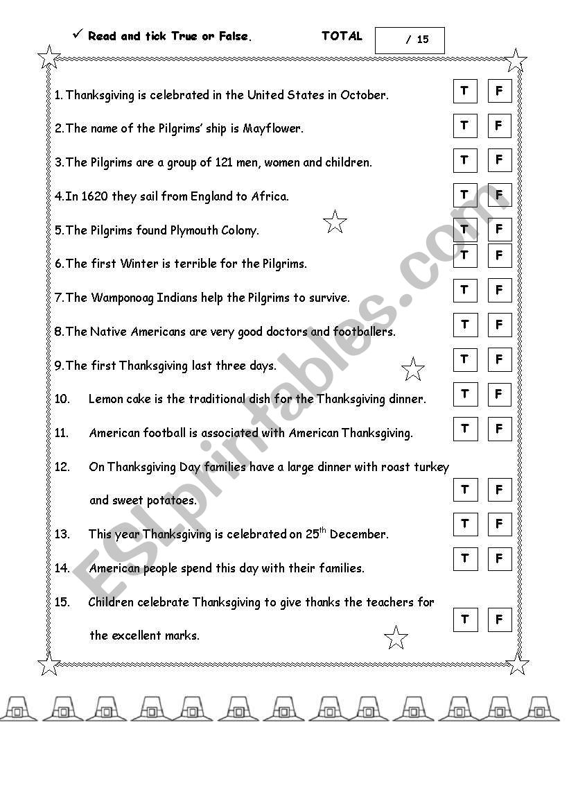 Thanksgiving Day test worksheet