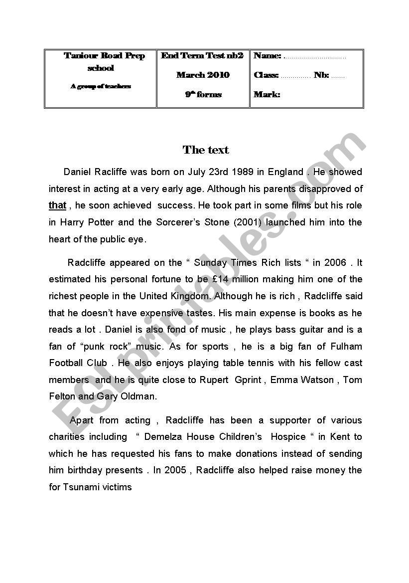 end of term test 2 9th form worksheet