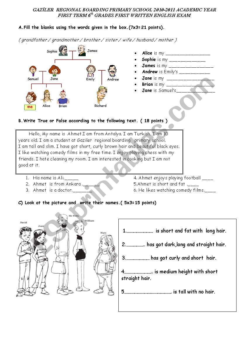 6 th grade exam worksheet