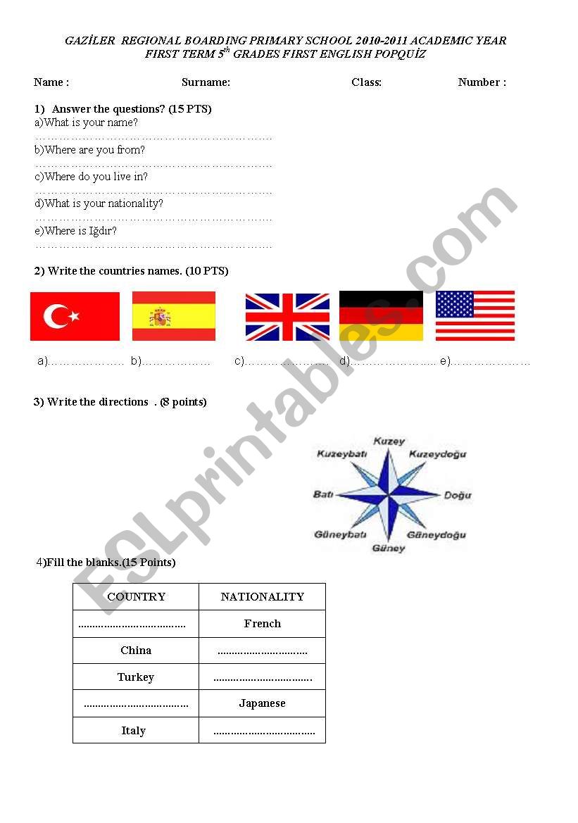 exam for 5th class worksheet