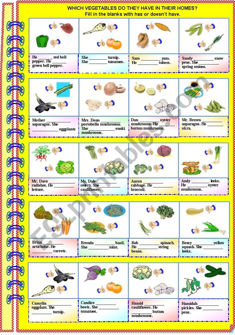 Which vegetables do they have in their homes? Has/ Doesnt have (with B/W and answer key)**editable