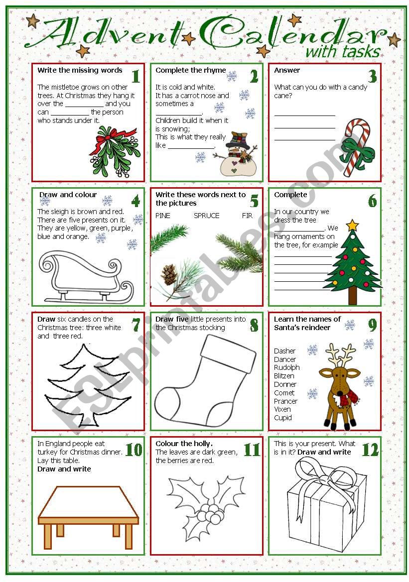 Advent calendar with tasks worksheet