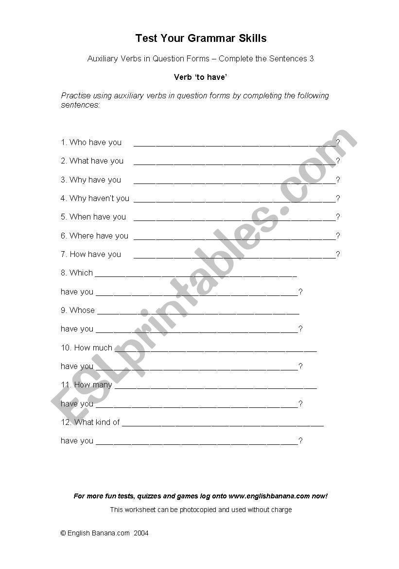 auxiliary verbs  worksheet