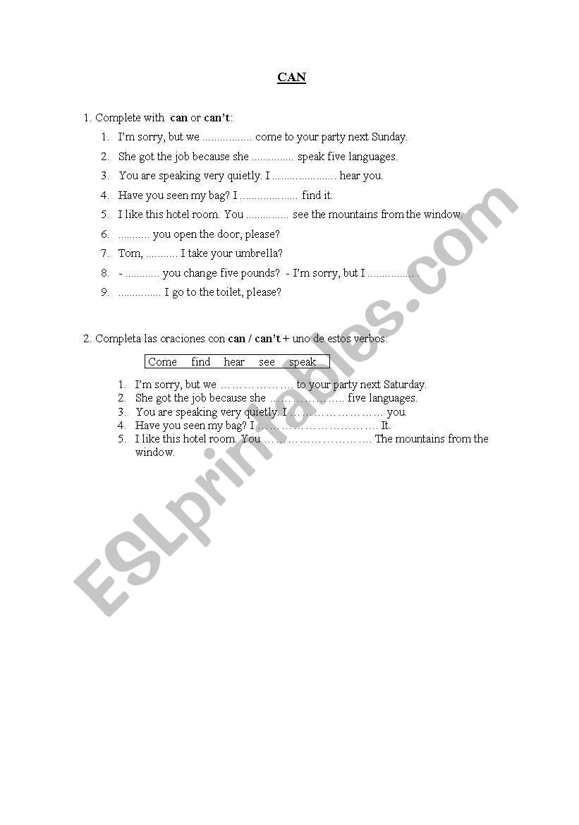 CAN AND CANT worksheet