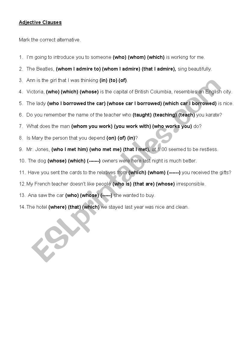 Adjective Clauses worksheet