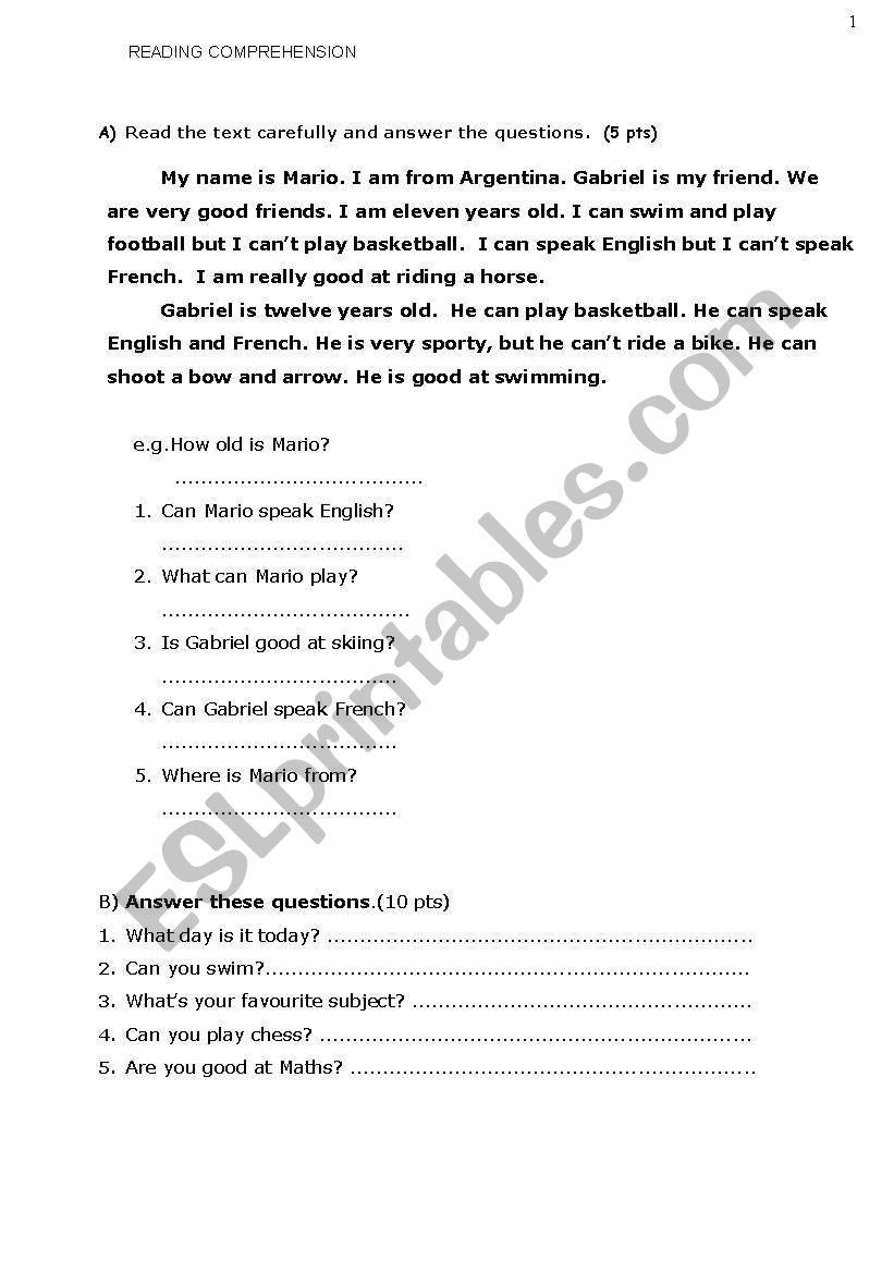 READING COMPREHENSION worksheet