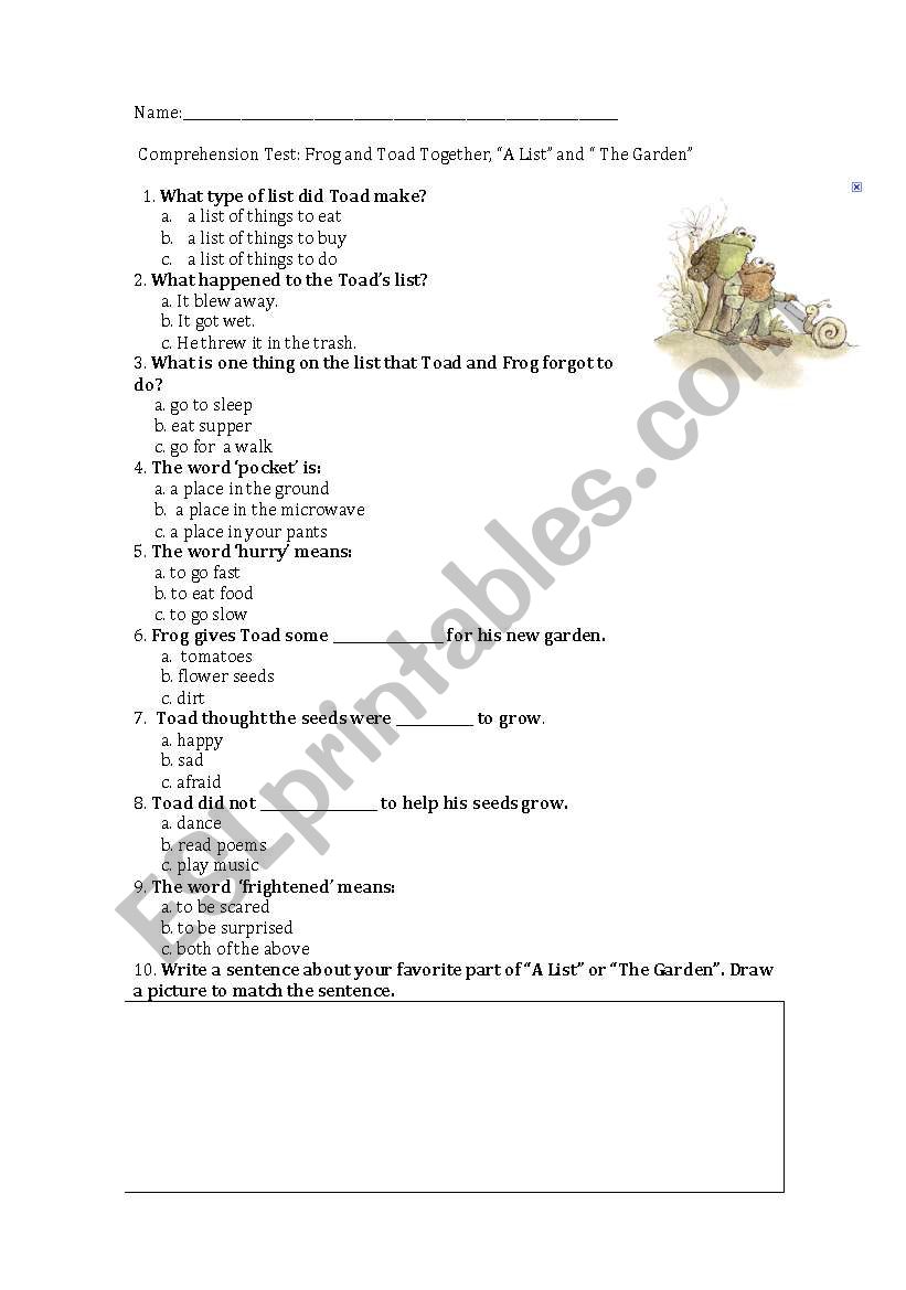 English Worksheets Frog And Toad Together A List And The Garden