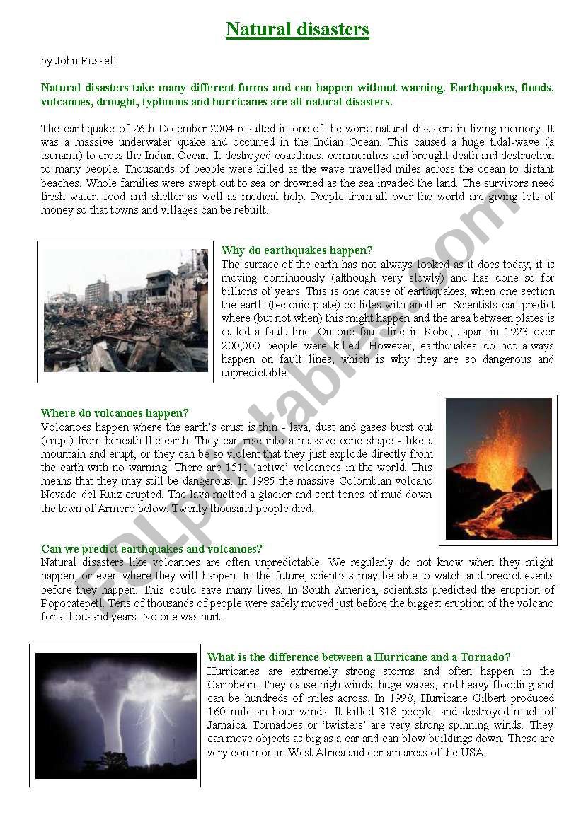 Reading comprehension - Natural Disasters